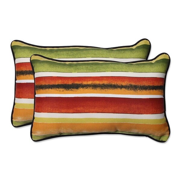 Set of 2 Festive Orange and Green Striped Outdoor Rectangular Throw Pillows Multi